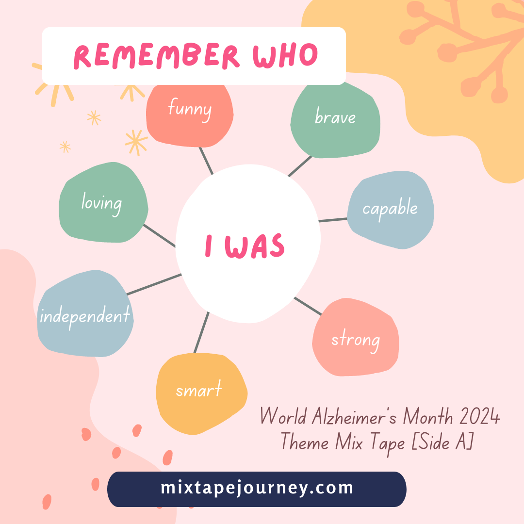 Album cover that says "Remember Who" at the top and "I Was" in the middle. Surrounding the "I Was" are seven bubbles that say funny, brave, capable, strong, smart, independent, and loving. At the bottom it says "World Alzheimer's Month 2024 Theme Mix Tape [Side A]" and "mixtapejourney.com"